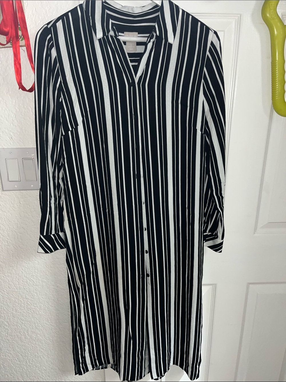Chico's Black and White Vertical Stripe Long Sleeve Dress